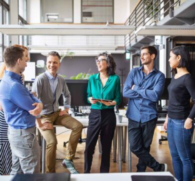 Six people discussing with each other