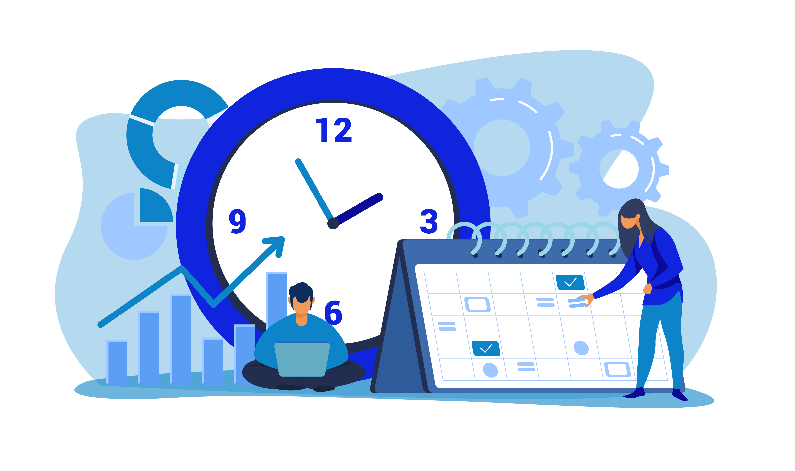 Illustration of people with a calendar and clock