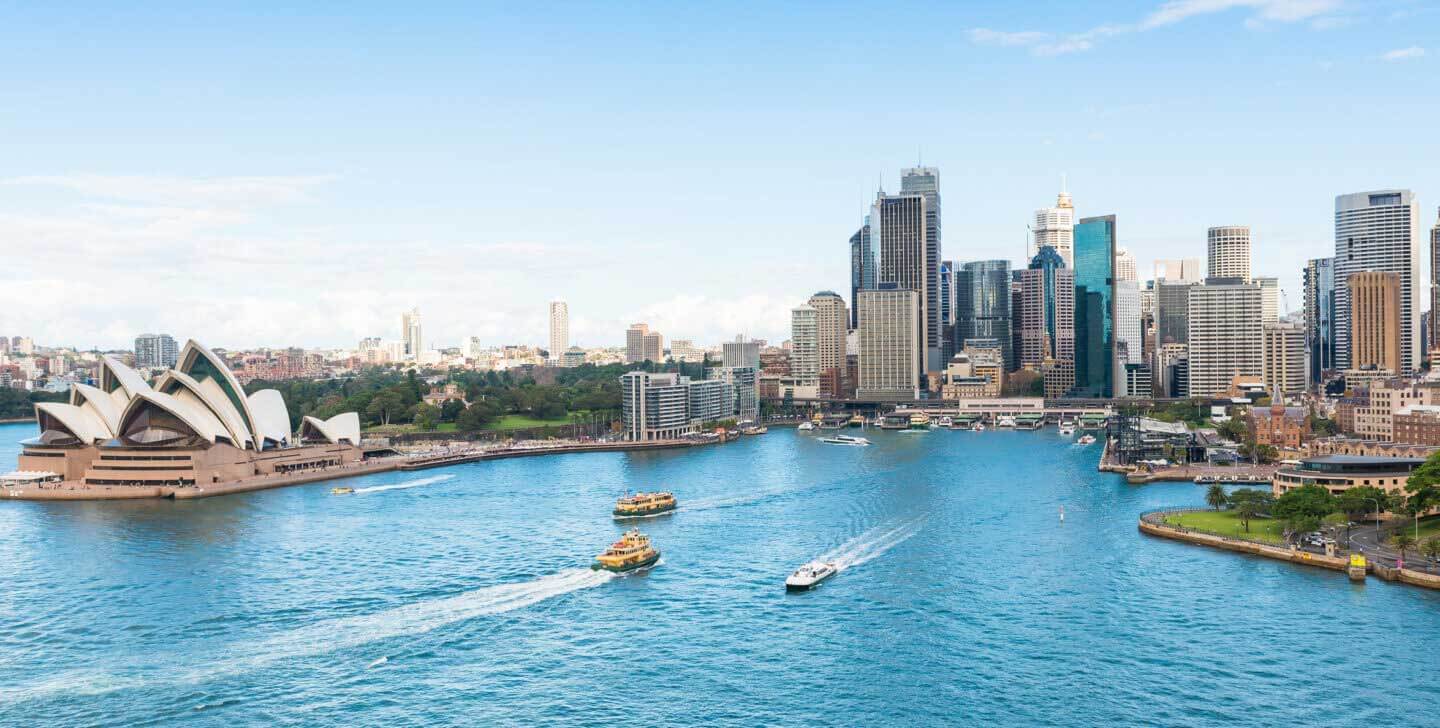 Sydney city view with opera house and ferries on campus information session