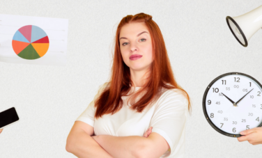 Student overwhelmed by a pie chart, phone, megaphone, and clock, representing the struggle with time management – Time management tips for students