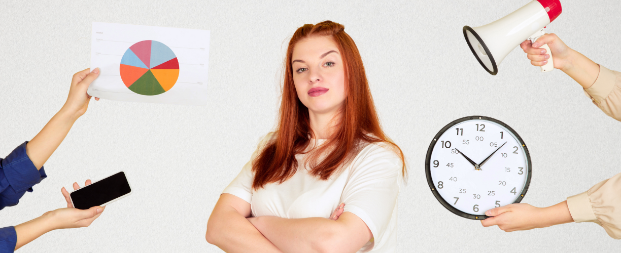 Student overwhelmed by a pie chart, phone, megaphone, and clock, representing the struggle with time management – Time management tips for students