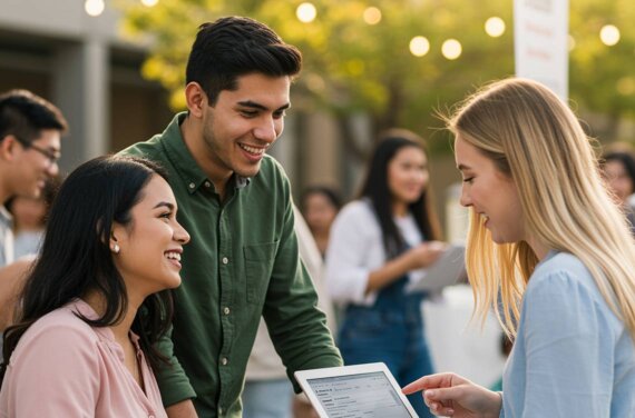 Three international students standing at an outdoor table, looking towards a laptop screen (1140x752)